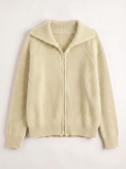 Ribbed Knit Zip Cardigan - Khaki - flat lay