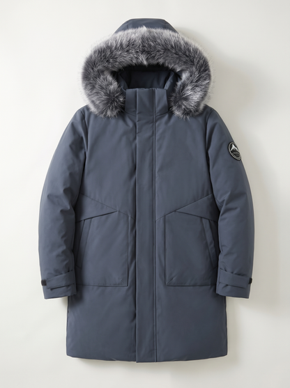 Faux Fur Hood Long Down Parka - Bluish-gray - flat lay