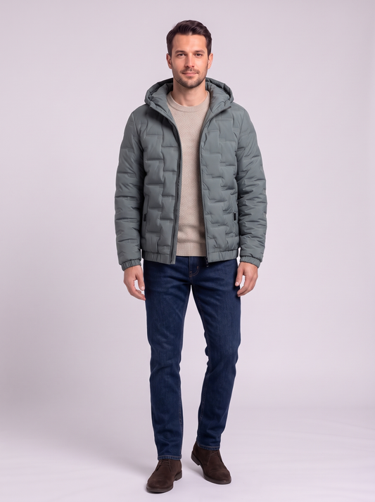Brick-Quilted Hooded Puffer Jacket - Bean green