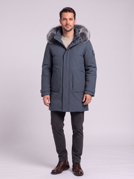 Faux Fur Hood Long Down Parka - Bluish-gray
