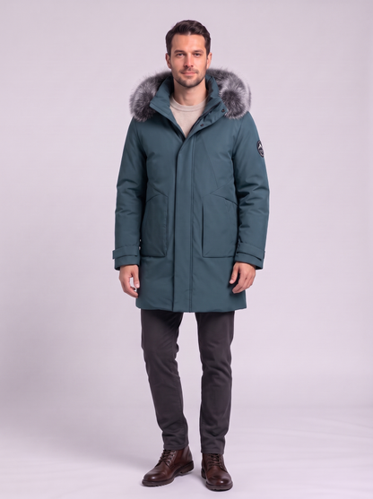 Faux Fur Hood Long Down Parka - BLUE