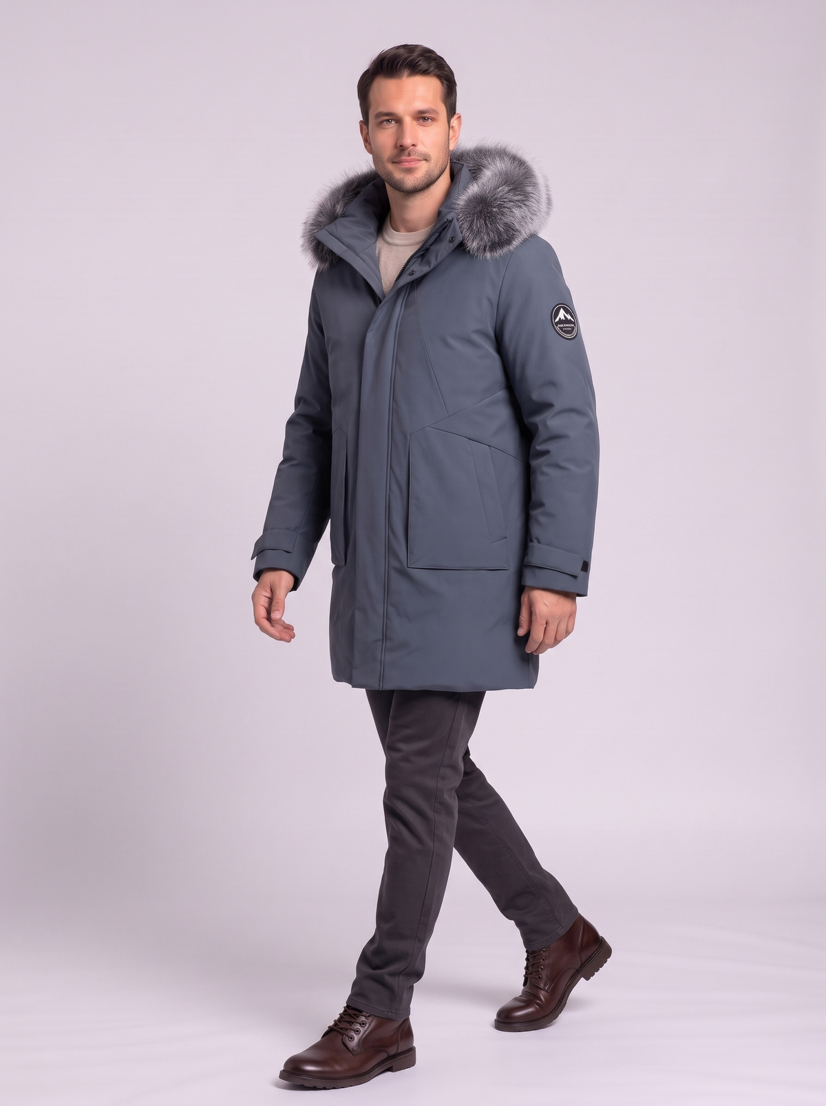 Faux Fur Hood Long Down Parka - Bluish-gray - side