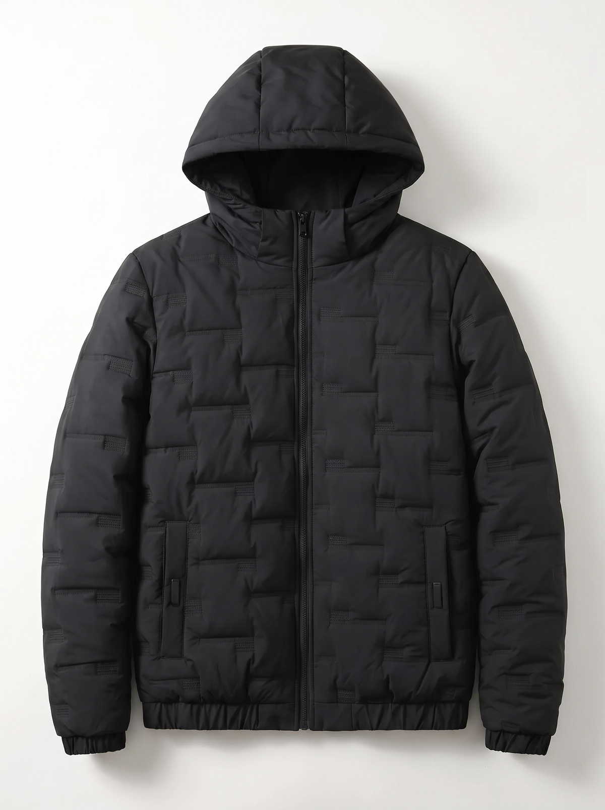 Brick-Quilted Hooded Puffer Jacket - Black - flat lay