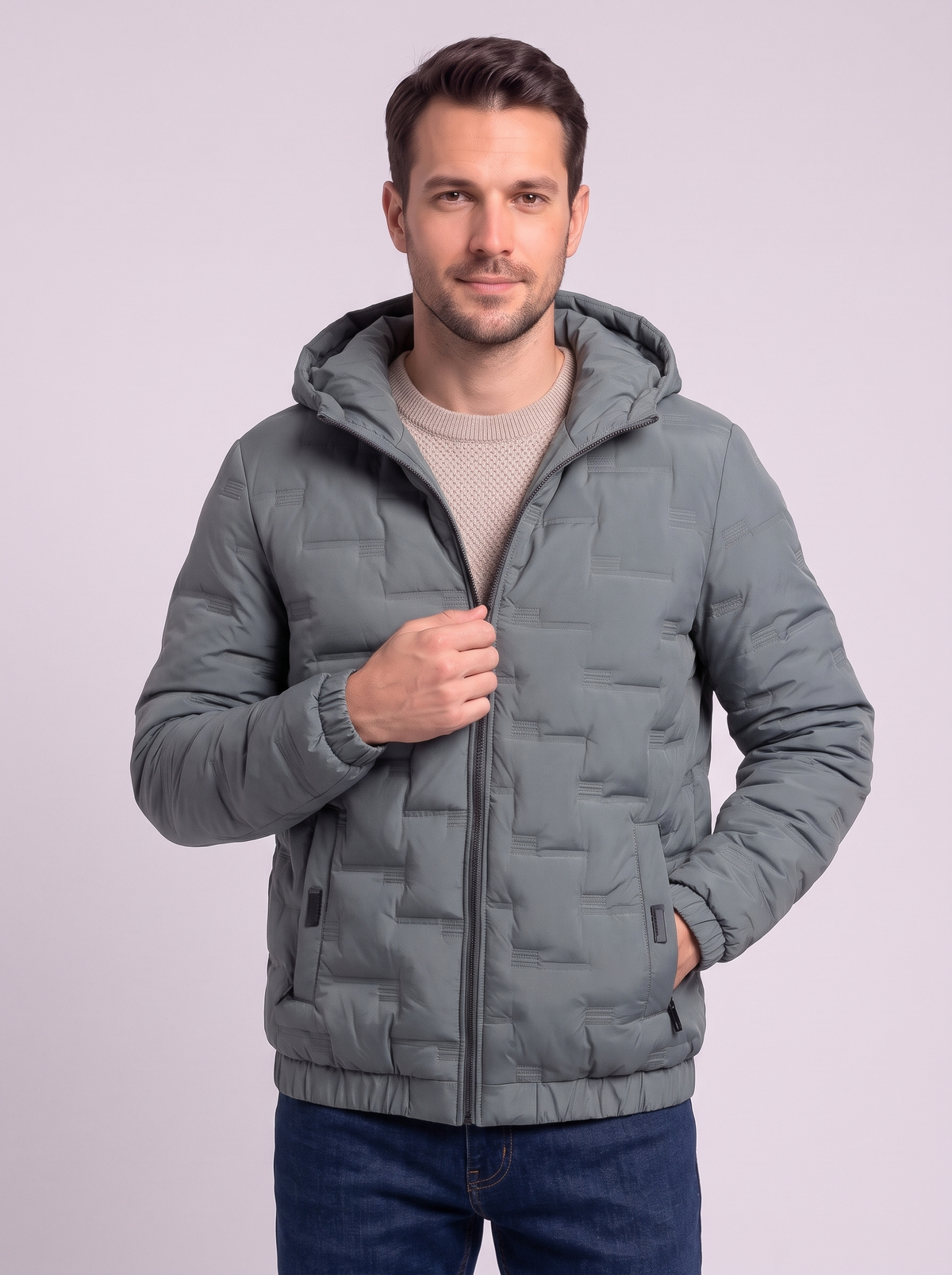 Brick-Quilted Hooded Puffer Jacket - Bean green - detail