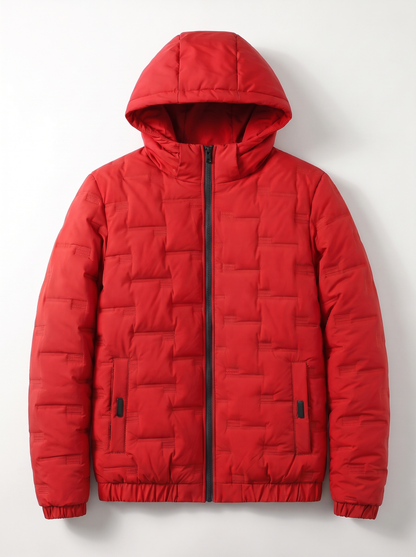 Brick-Quilted Hooded Puffer Jacket - RED - flat lay