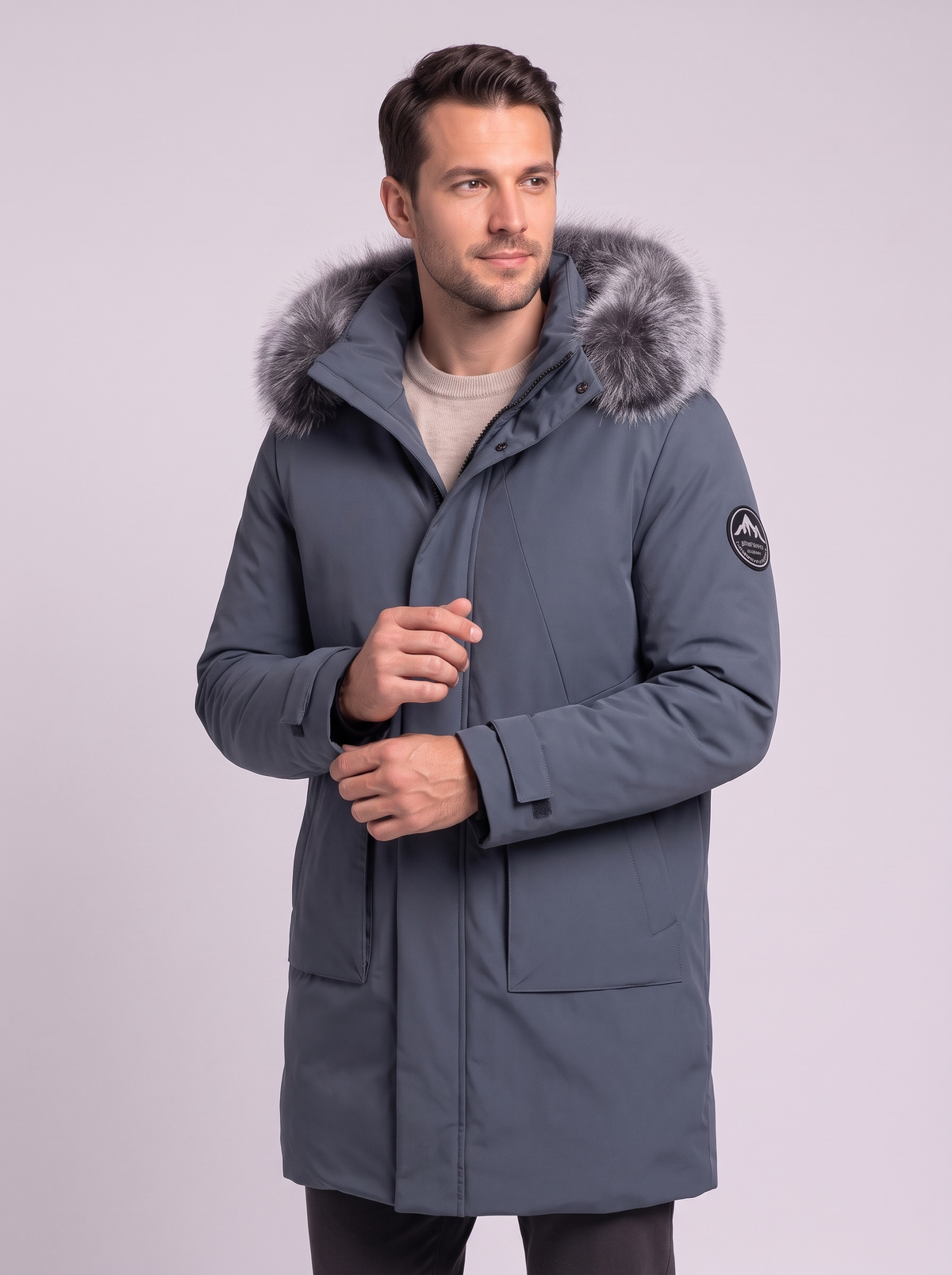 Faux Fur Hood Long Down Parka - Bluish-gray - detail