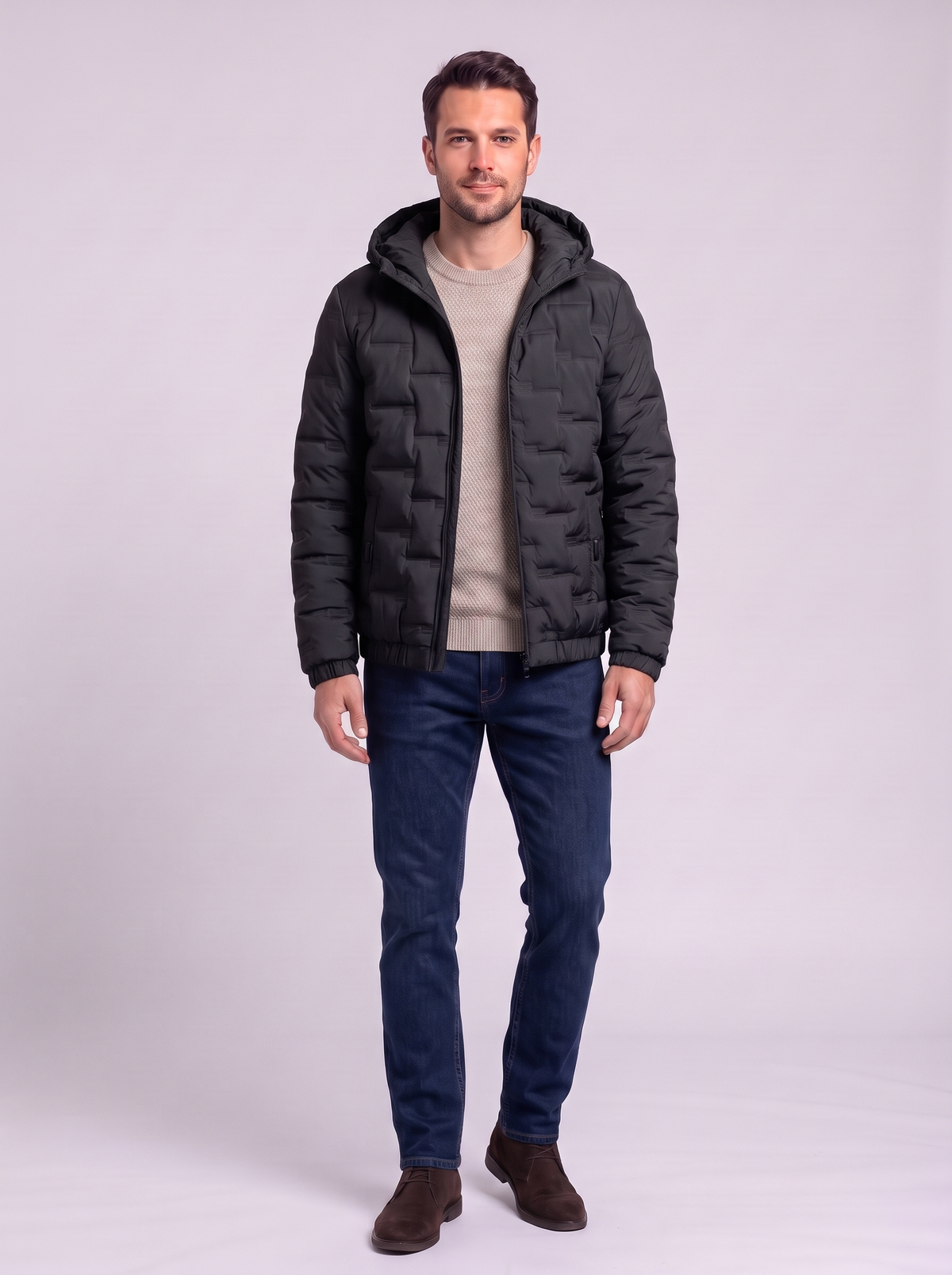 Brick-Quilted Hooded Puffer Jacket - Black