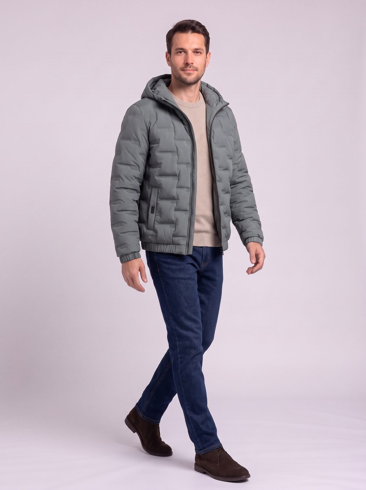 Brick-Quilted Hooded Puffer Jacket - Bean green - side