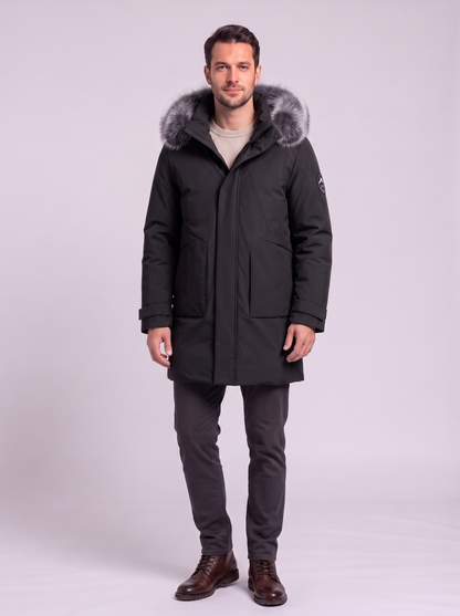 Faux Fur Hood Long Down Parka - Black