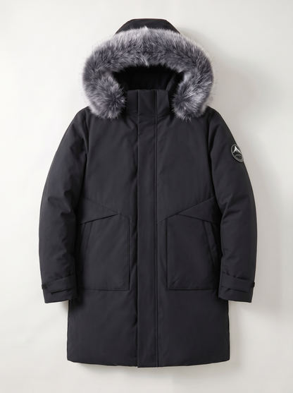 Faux Fur Hood Long Down Parka - Black - flat lay