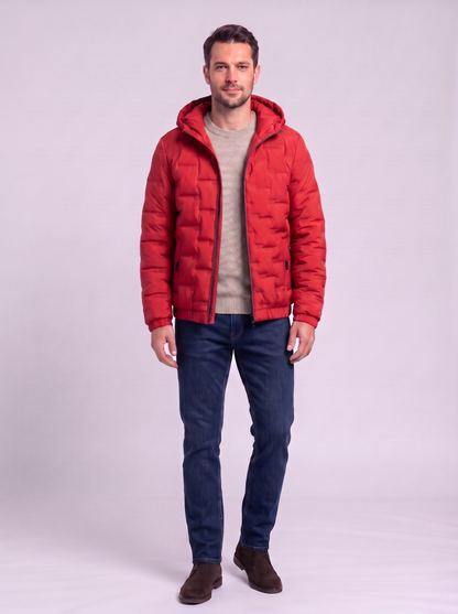 Brick-Quilted Hooded Puffer Jacket - RED